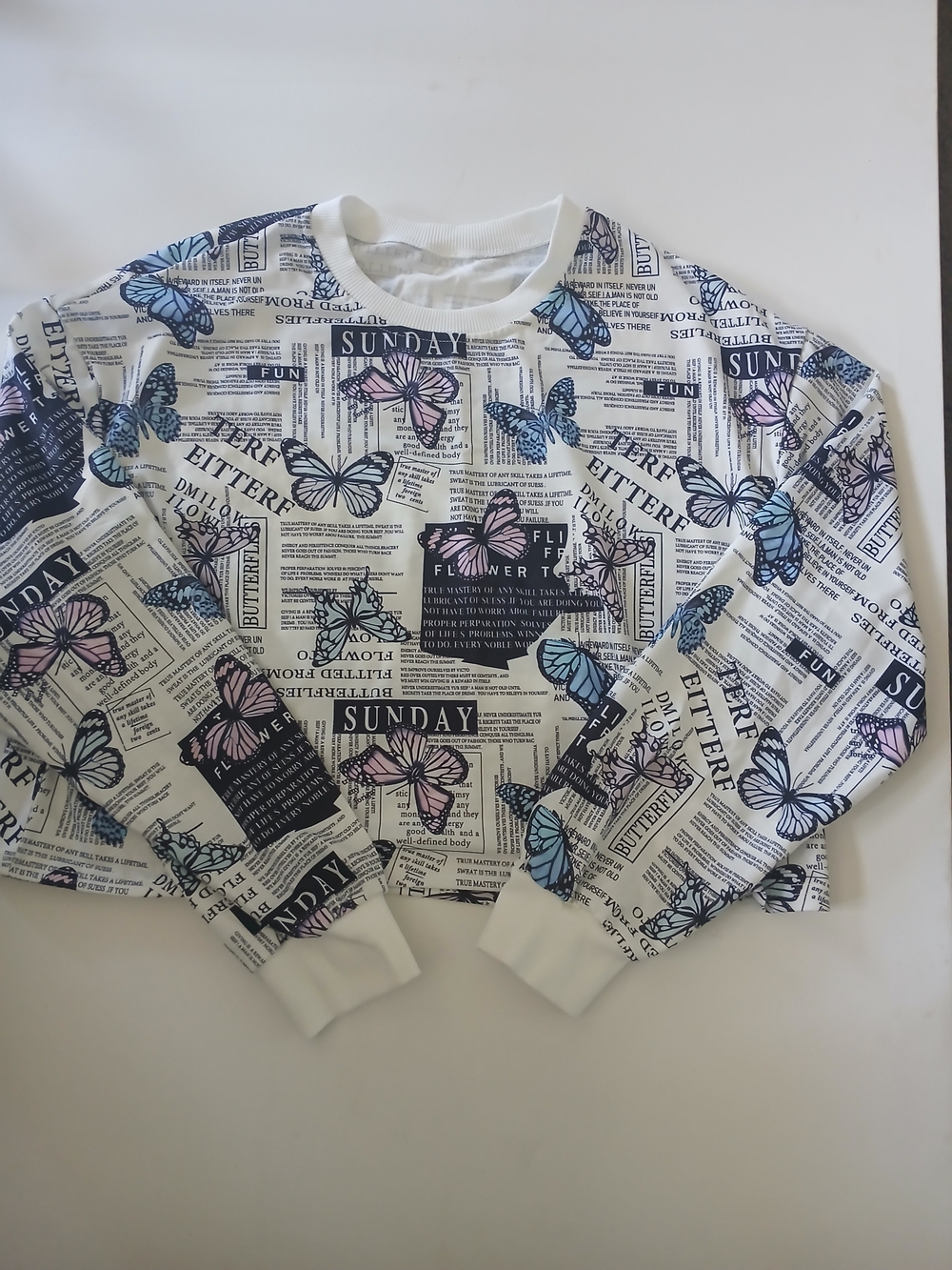 Sunday White Pullover with Blue & Pink Butterfly Print